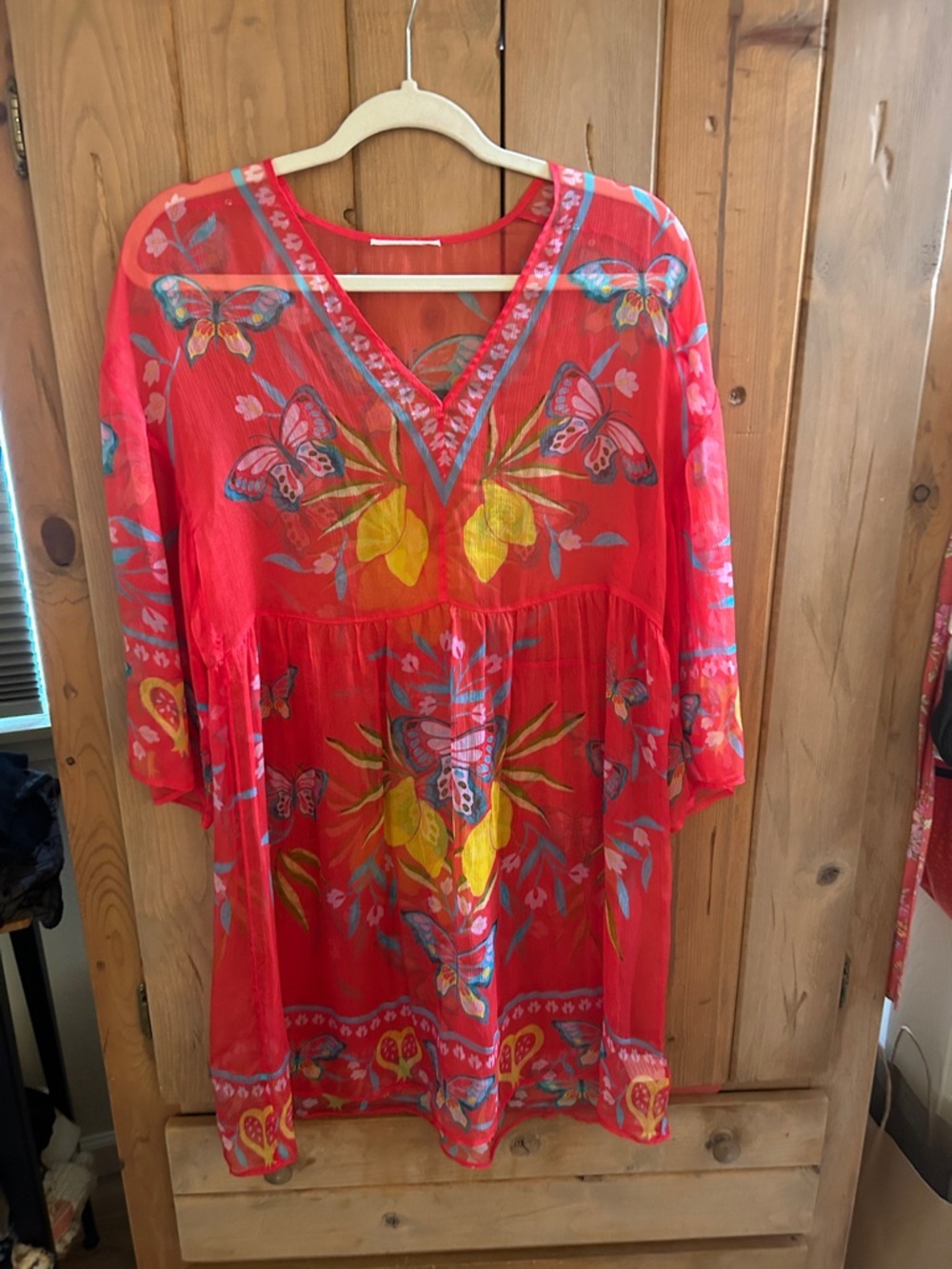 Johnny Was Sheer Butterfly Floral Tunic Dress/Swim Cover Up